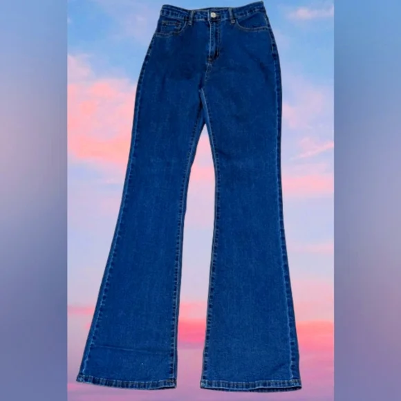 SHEIN Heart Rainbow Poxket Blue Wide Leg Jeans High Waist 26" Medium - Picture 2 of 6